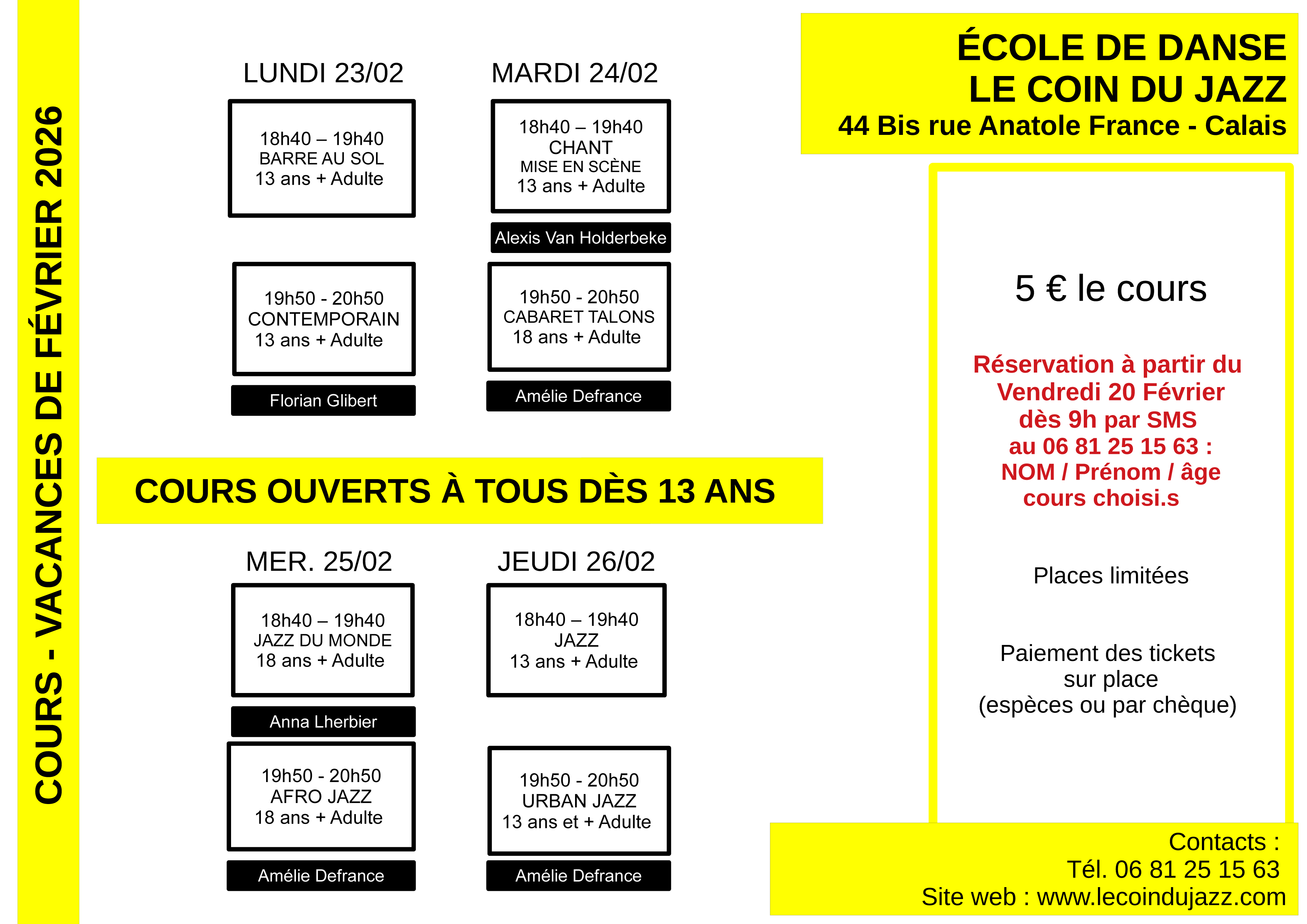 Planning des cours aux tickets - Vacances de Février 2026