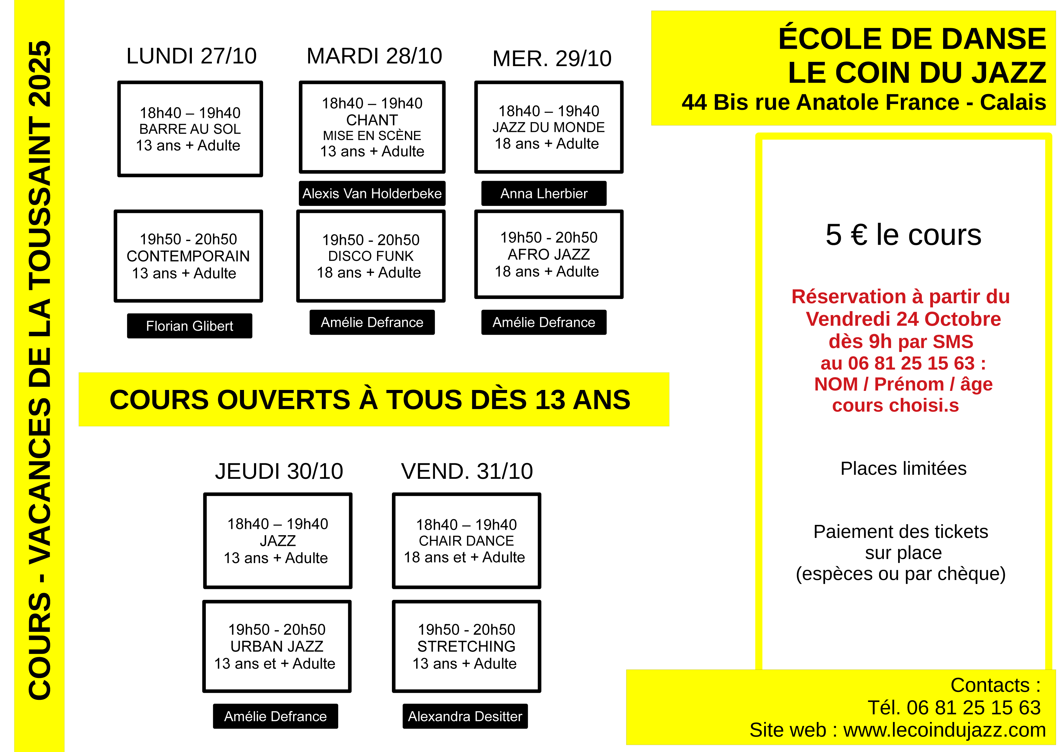 Planning des cours aux tickets - Vacances de la Toussaint 2025